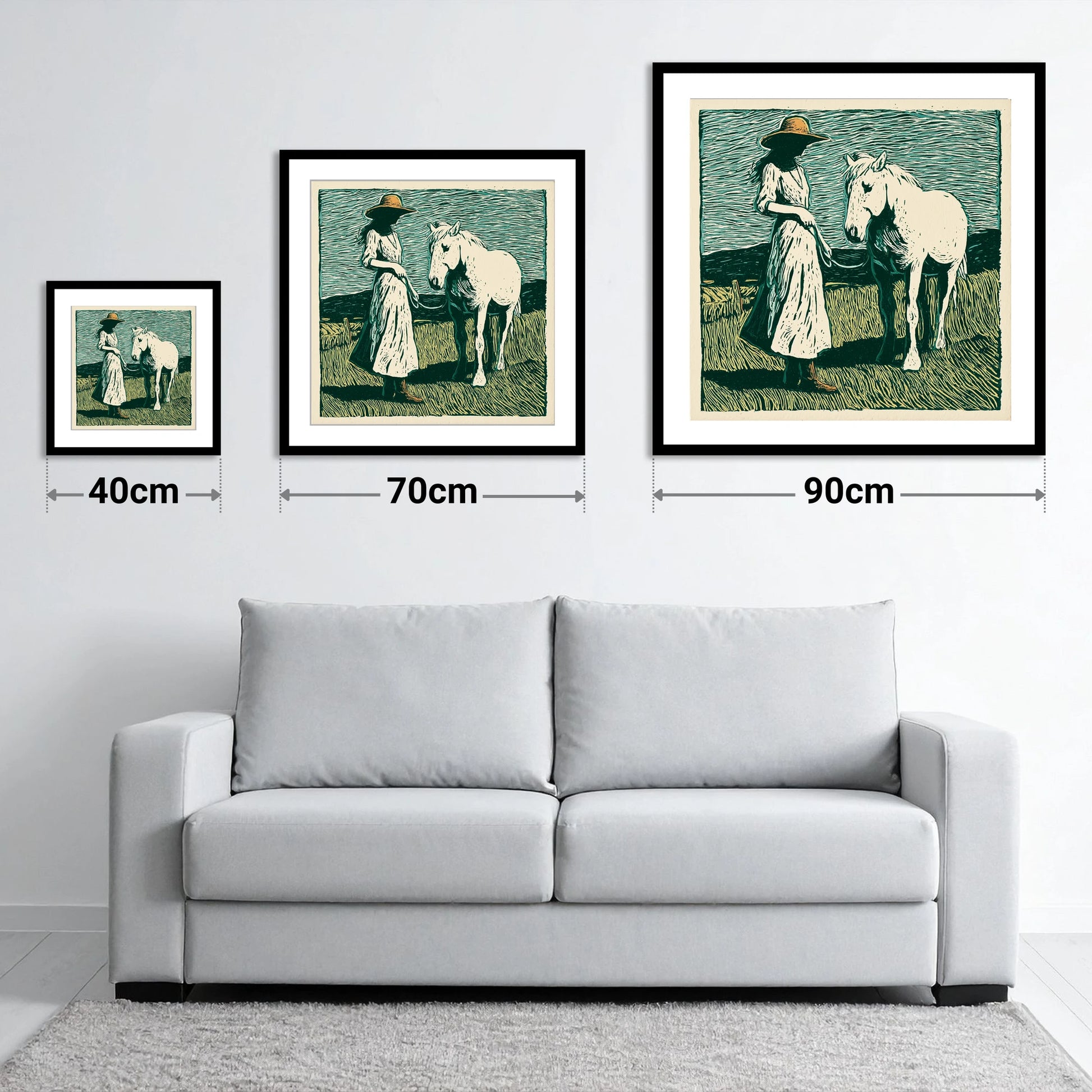 Windswept Companions - size guide showing 40cm, 70cm and 90cm art prints