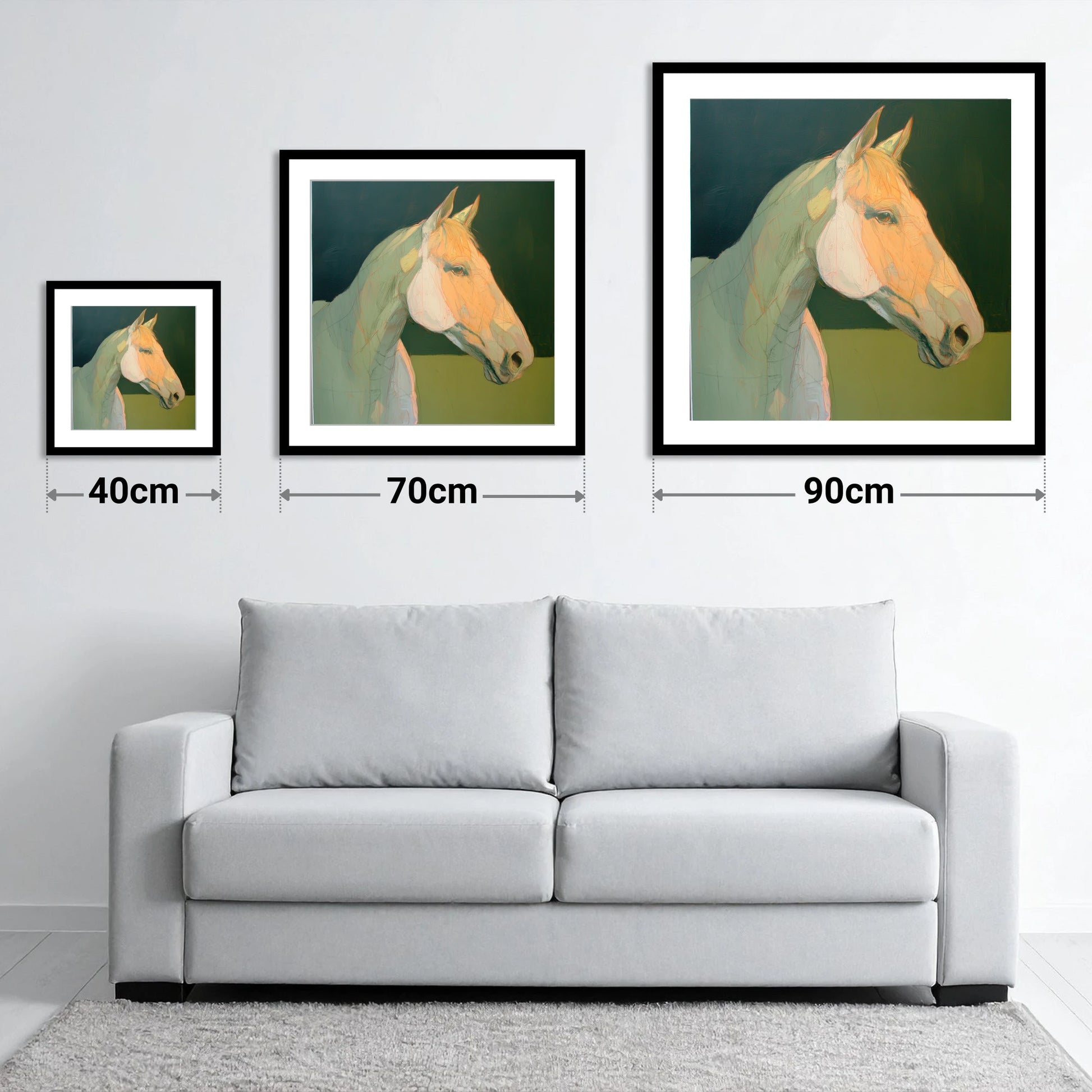 Serene Pastel Equine Profile - size guide showing 40cm, 70cm and 90cm art prints