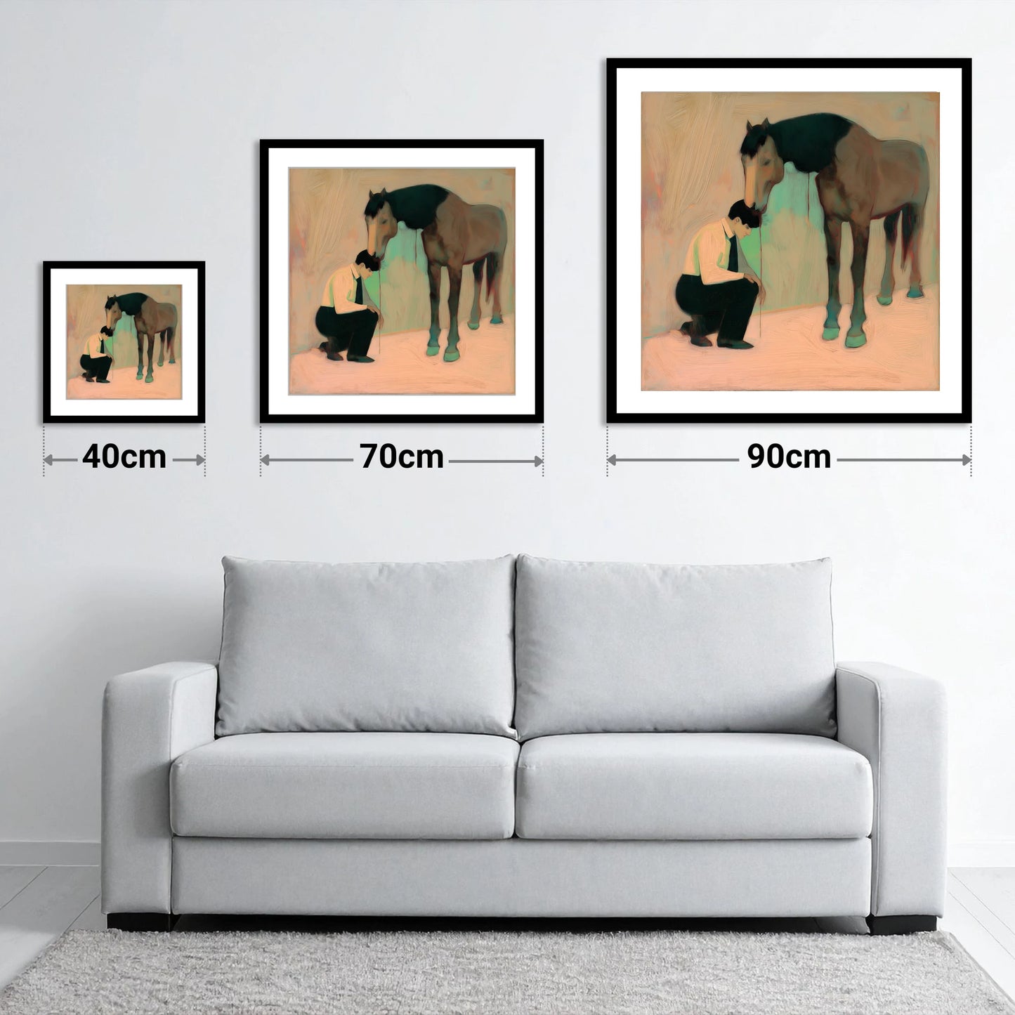 A Silent Understanding - size guide showing 40cm, 70cm and 90cm art prints