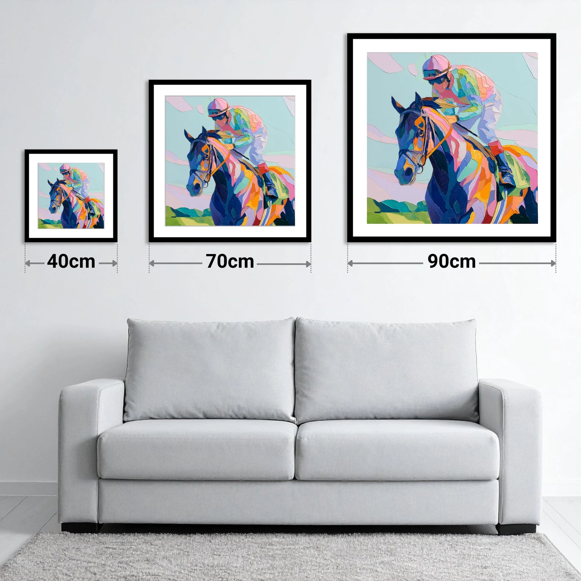 Technicolour Sprint - size guide showing 40cm, 70cm and 90cm art prints