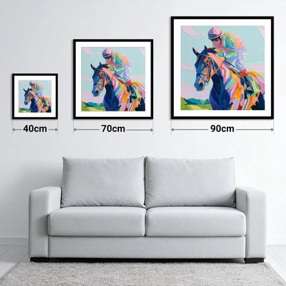 Technicolour Sprint - size guide showing 40cm, 70cm and 90cm art prints