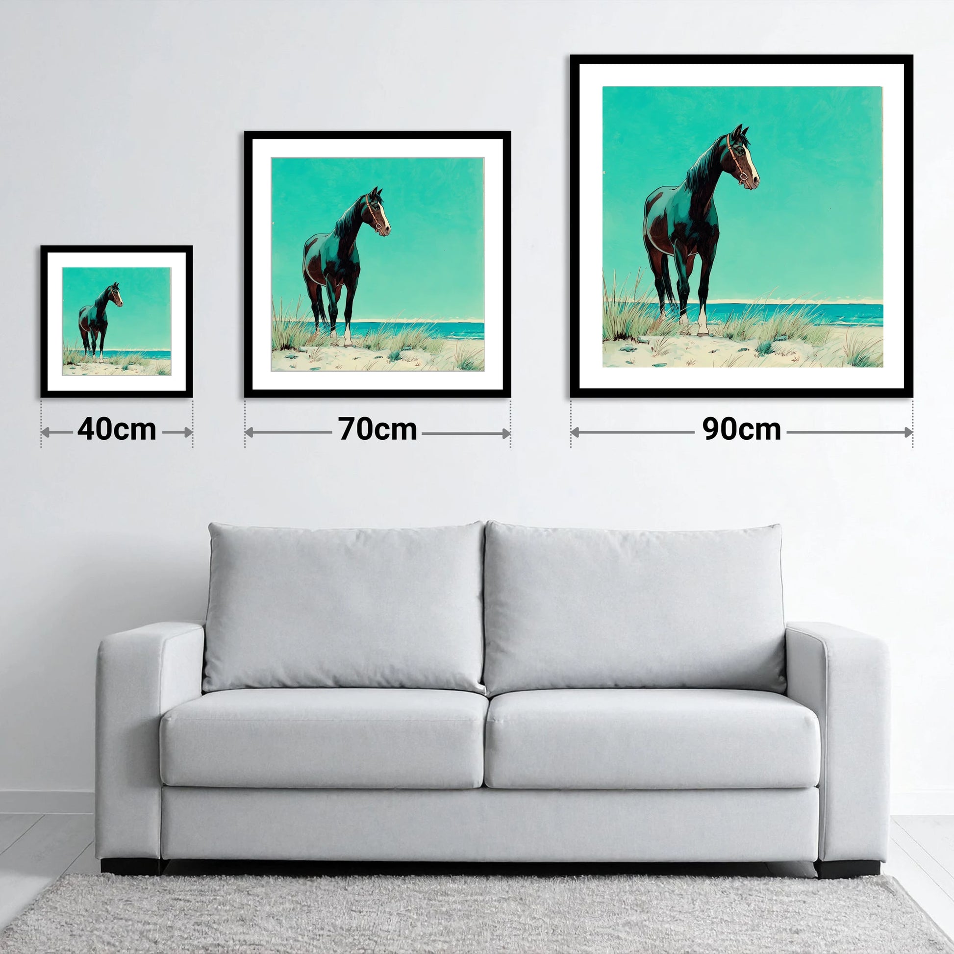 Teal Coastal Vigil - size guide showing 40cm, 70cm and 90cm art prints