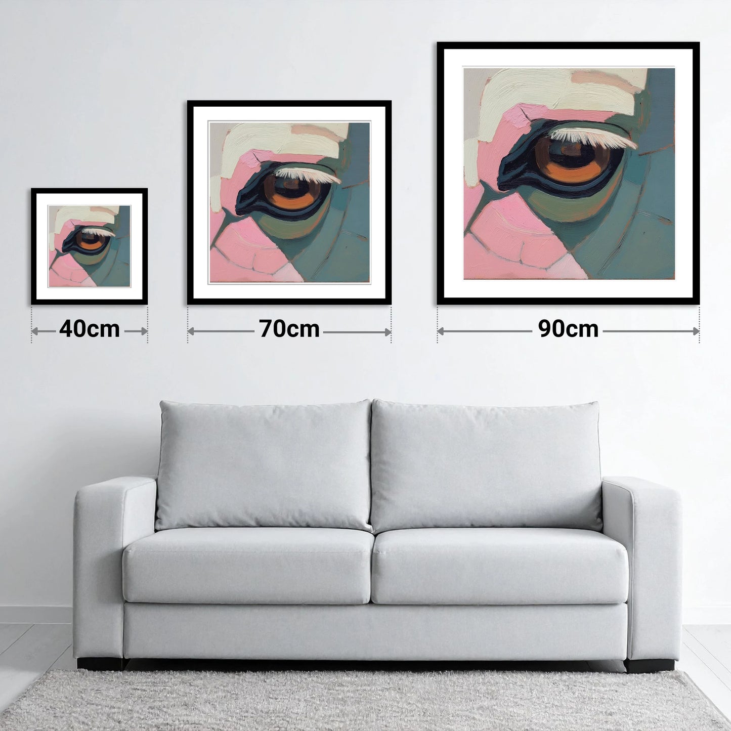 The Gentle Observer - size guide showing 40cm, 70cm and 90cm art prints