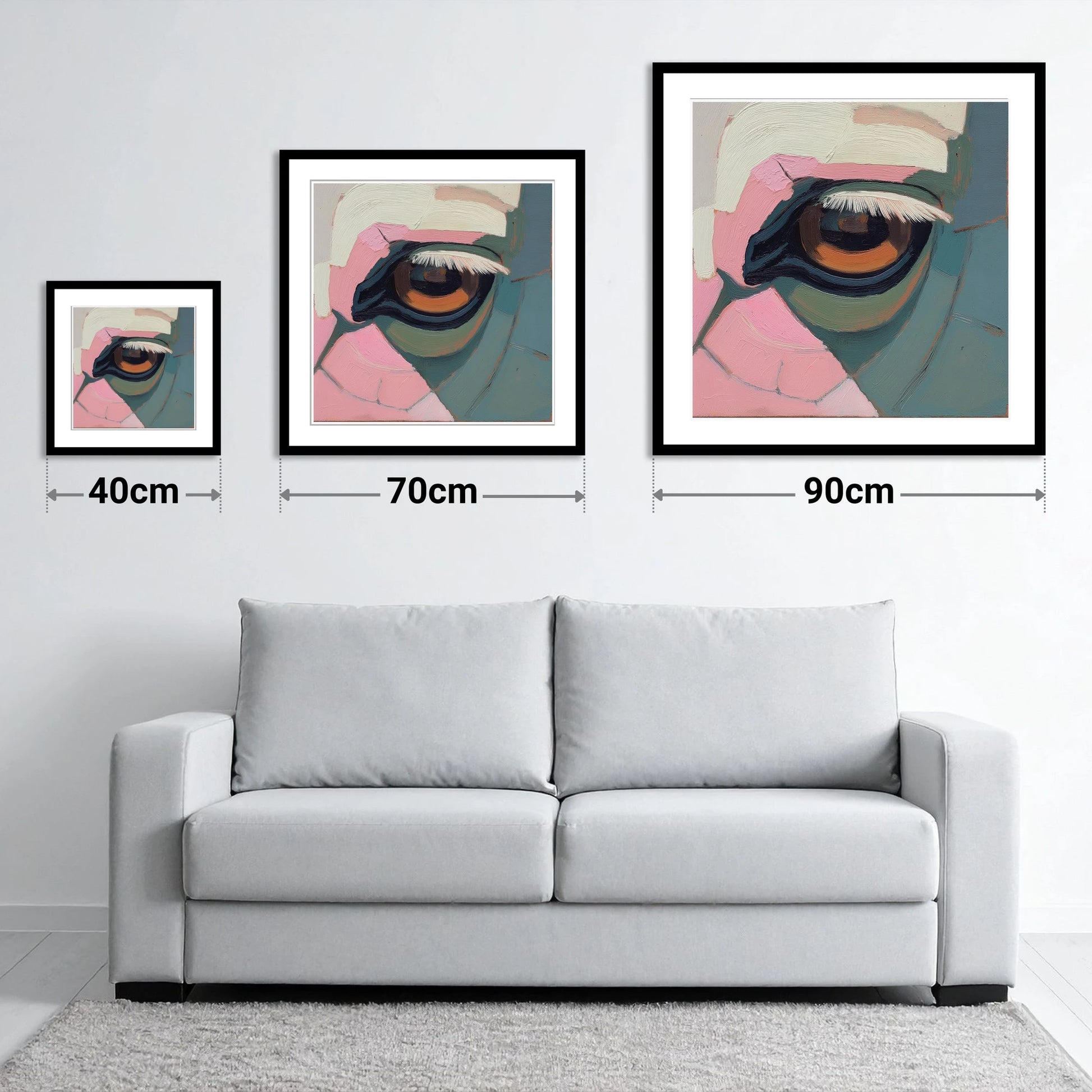 The Gentle Observer - size guide showing 40cm, 70cm and 90cm art prints