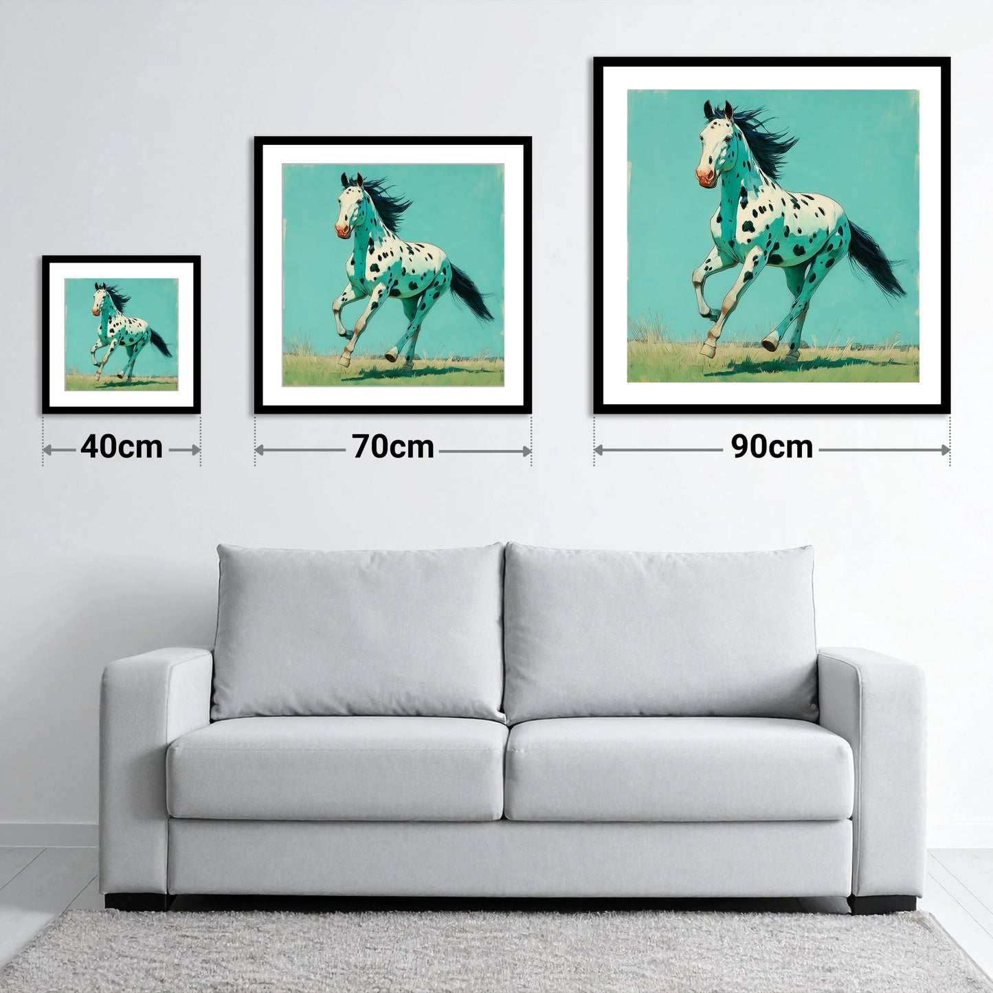 Teal Leopard Appaloosa - size guide showing 40cm, 70cm and 90cm art prints