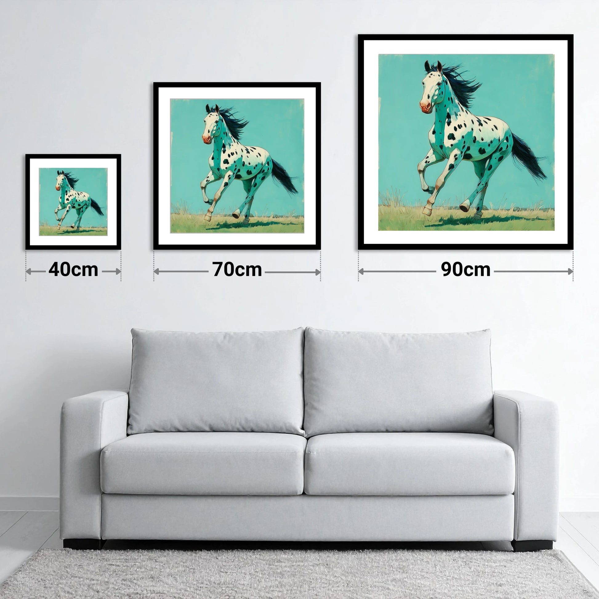 Teal Leopard Appaloosa - size guide showing 40cm, 70cm and 90cm art prints