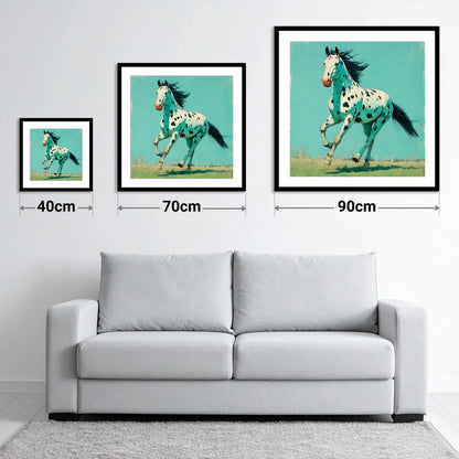 Teal Leopard Appaloosa - size guide showing 40cm, 70cm and 90cm art prints