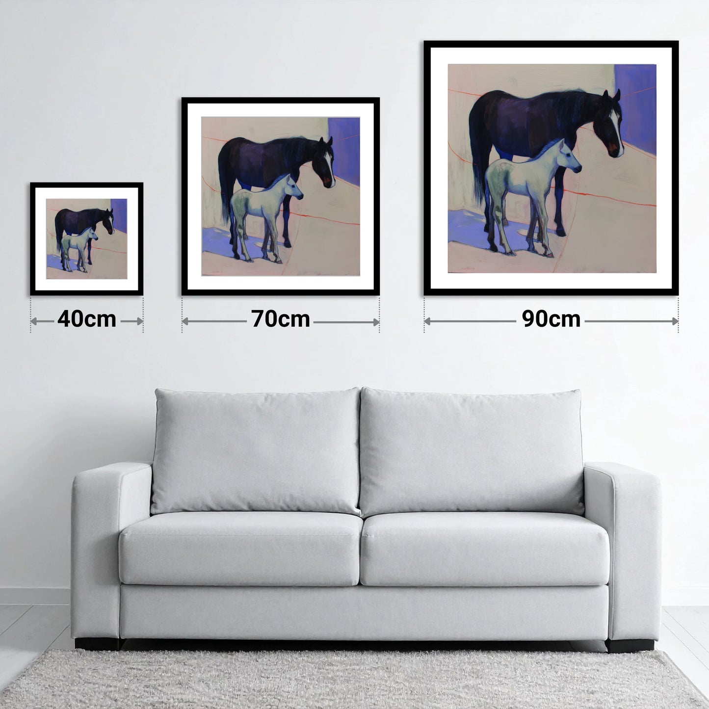 Indigo Shadows - size guide showing 40cm, 70cm and 90cm art prints
