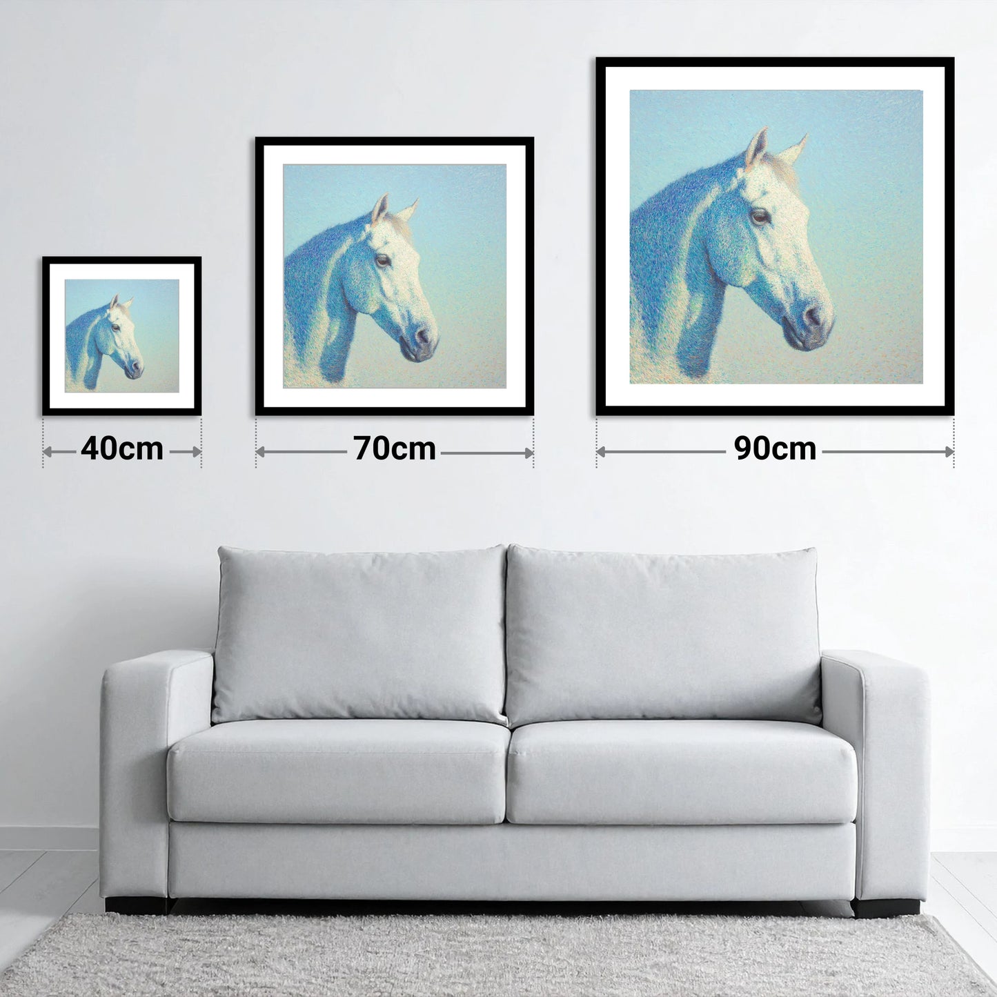 Ethereal Grey Portrait - size guide showing 40cm, 70cm and 90cm art prints