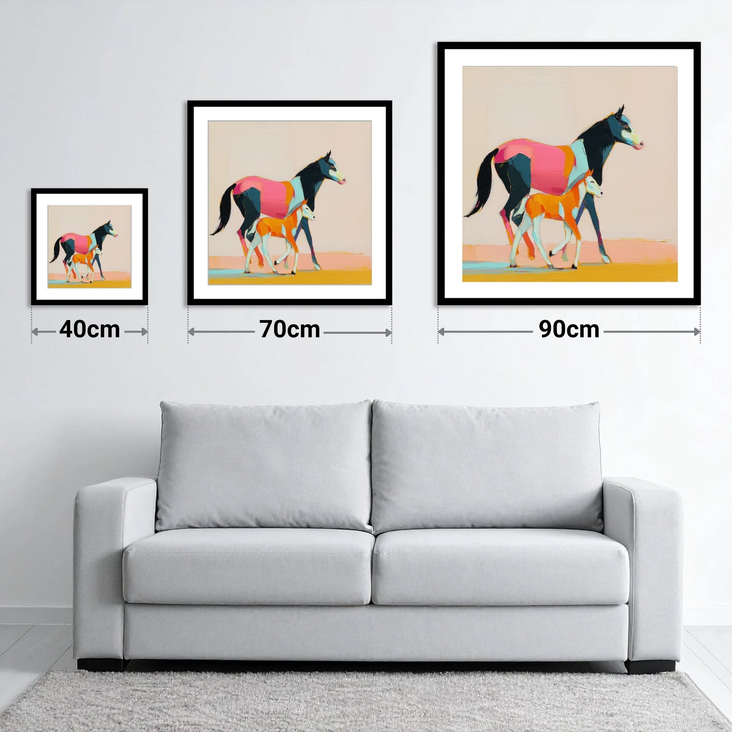 Vivid Strides - size guide showing 40cm, 70cm and 90cm art prints