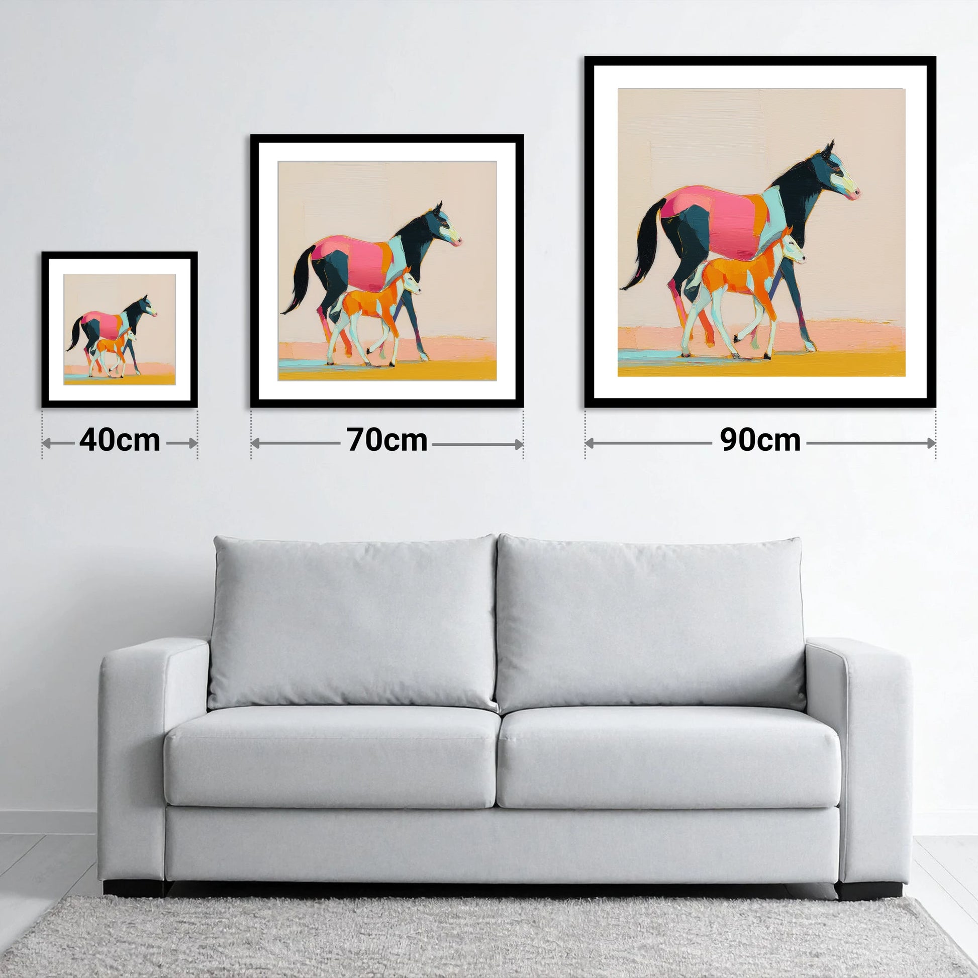 Vivid Strides - size guide showing 40cm, 70cm and 90cm art prints