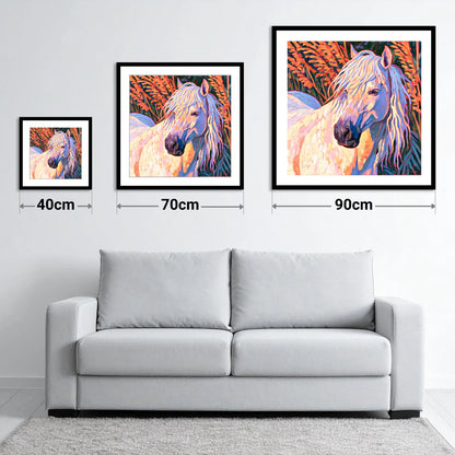 Vibrant Grey Horse Portrait - size guide showing 40cm, 70cm and 90cm art prints