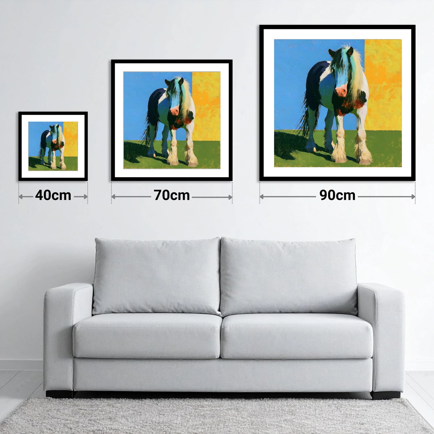 Piebald Cob in Vibrant Sun - size guide showing 40cm, 70cm and 90cm art prints