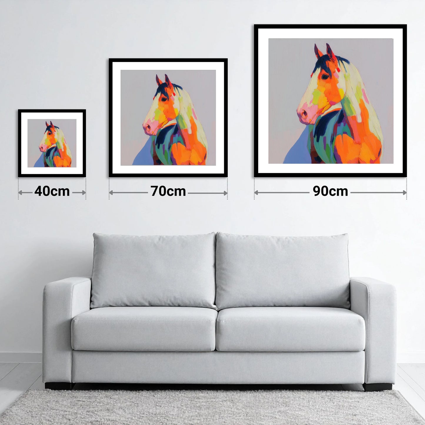 Technicolour Equine Profile - size guide showing 40cm, 70cm and 90cm art prints