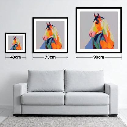 Technicolour Equine Profile - size guide showing 40cm, 70cm and 90cm art prints