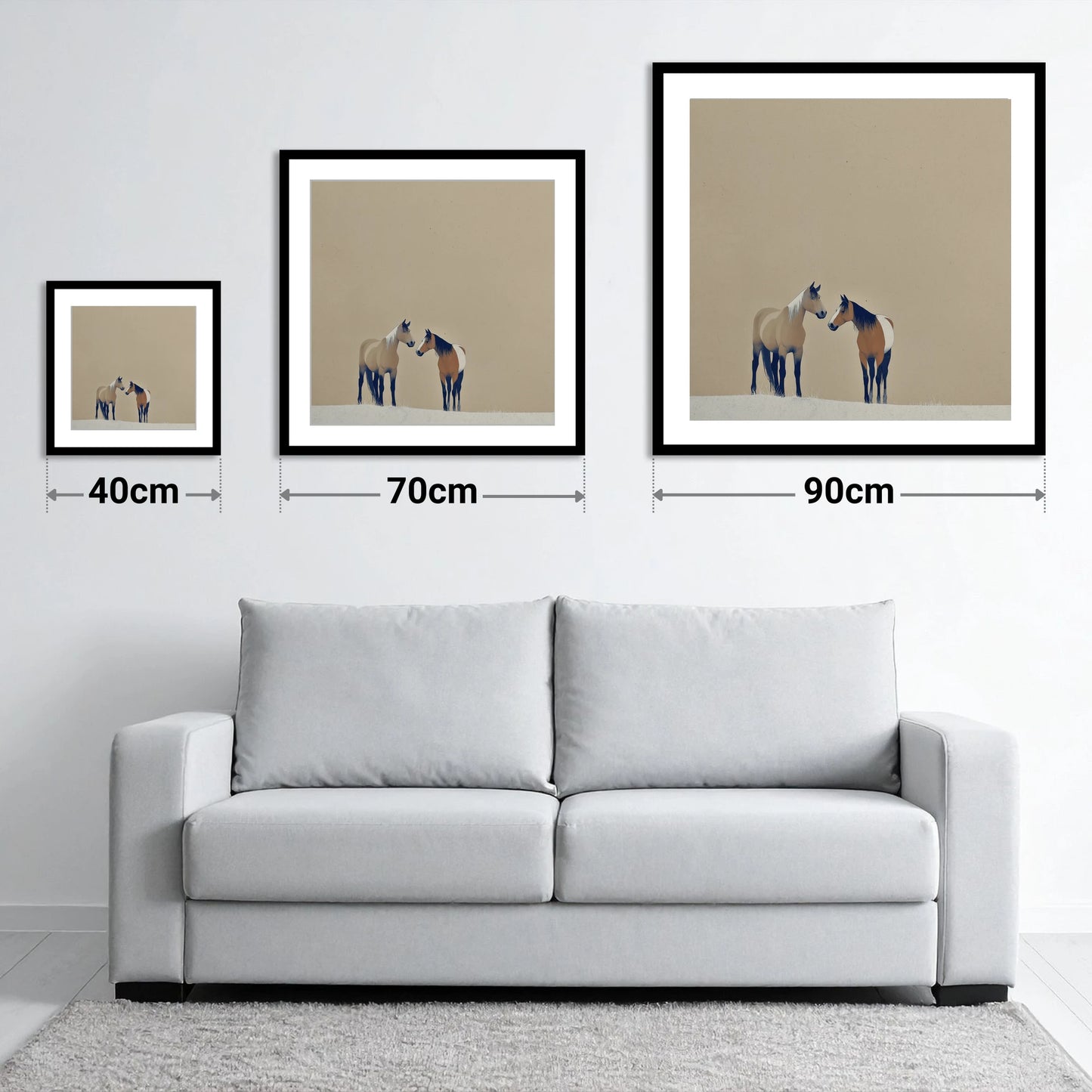 Quiet Companions - size guide showing 40cm, 70cm and 90cm art prints