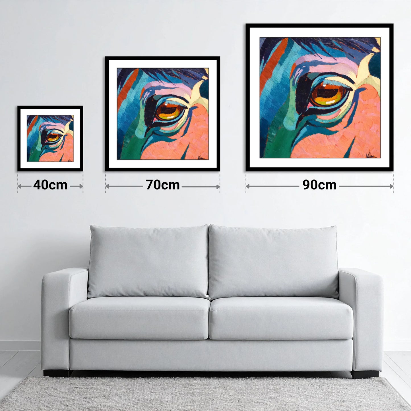 Vibrant Equine Gaze - size guide showing 40cm, 70cm and 90cm art prints