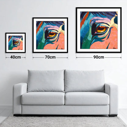 Vibrant Equine Gaze - size guide showing 40cm, 70cm and 90cm art prints