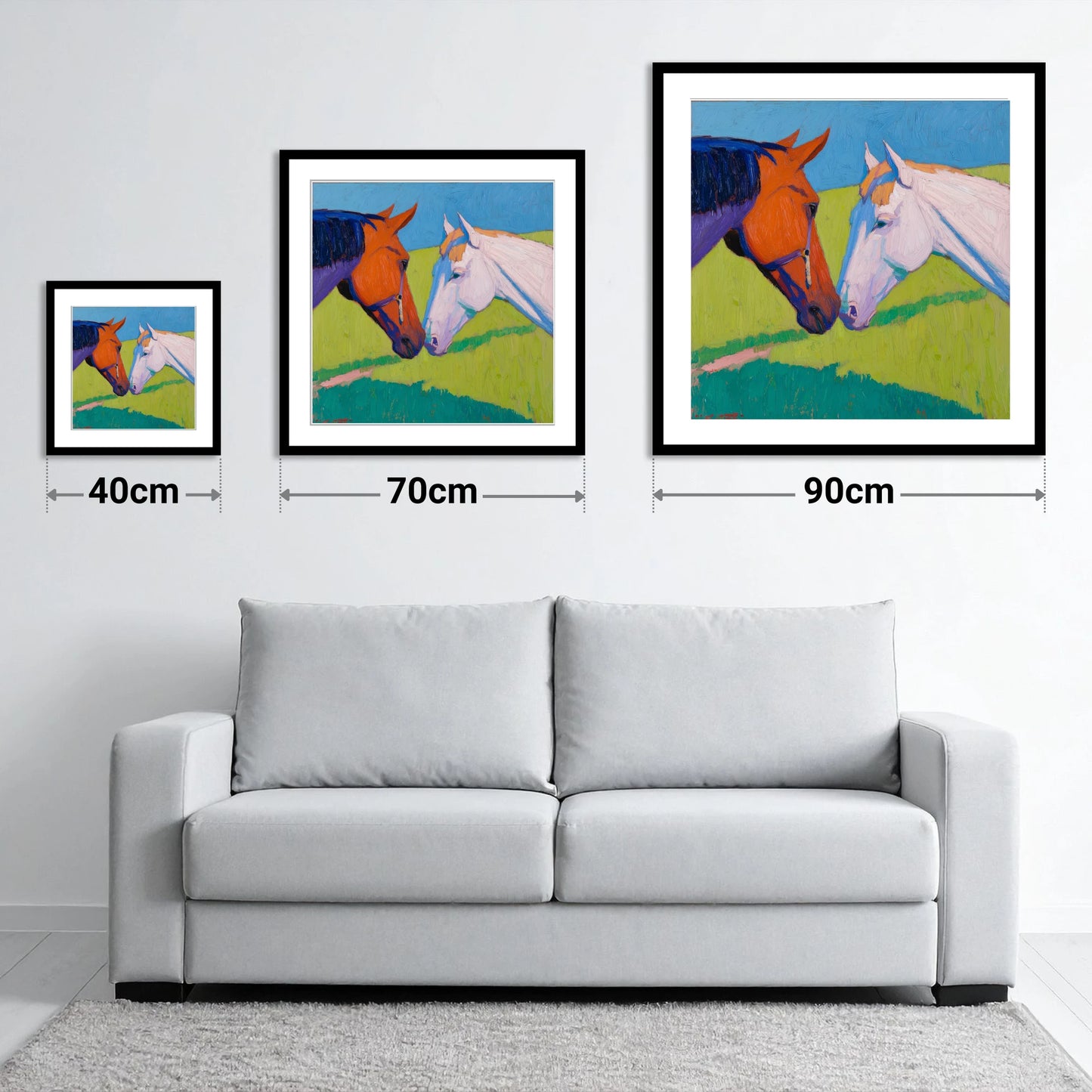 Vivid Equine Greeting - size guide showing 40cm, 70cm and 90cm art prints