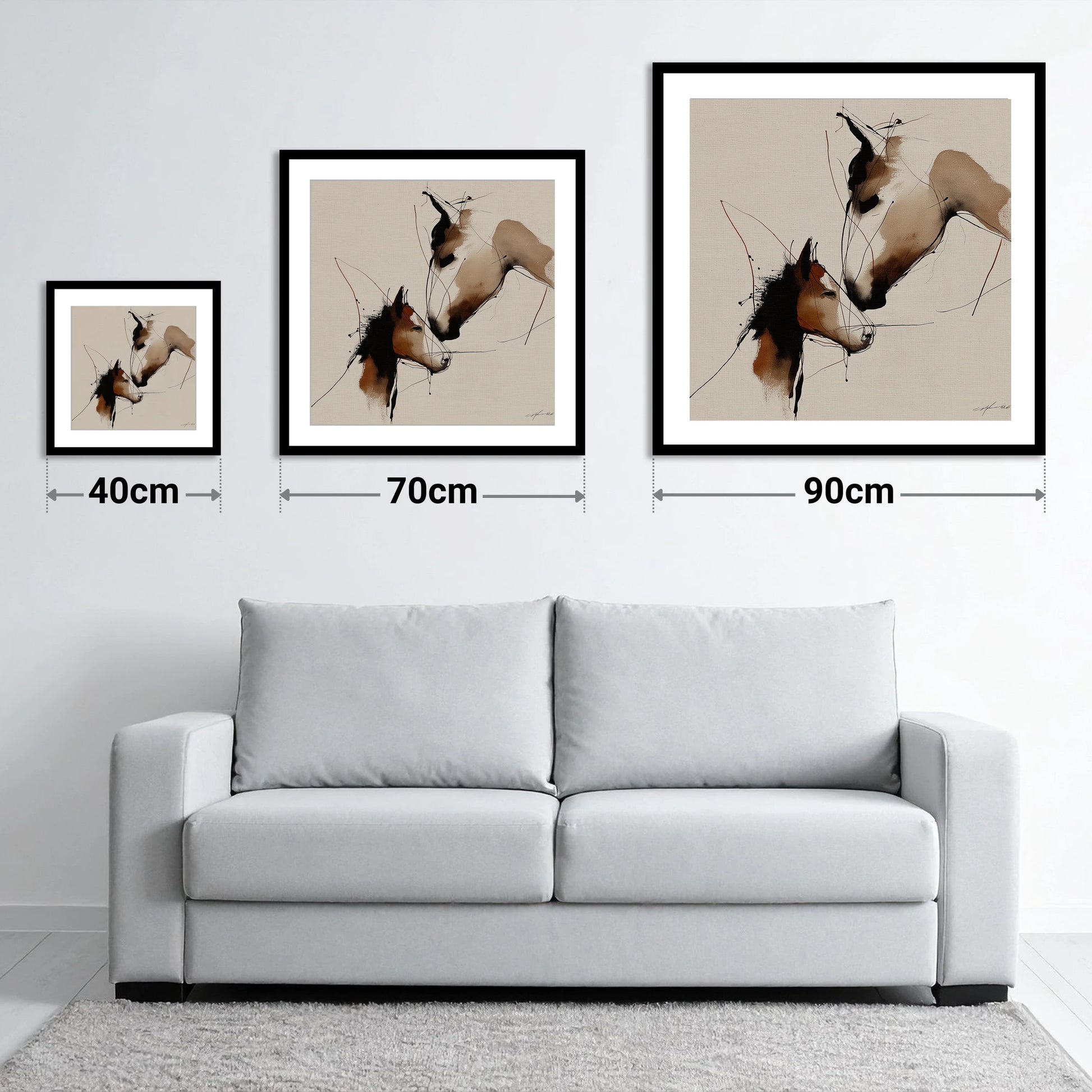 Tender Sepia Bond - size guide showing 40cm, 70cm and 90cm art prints
