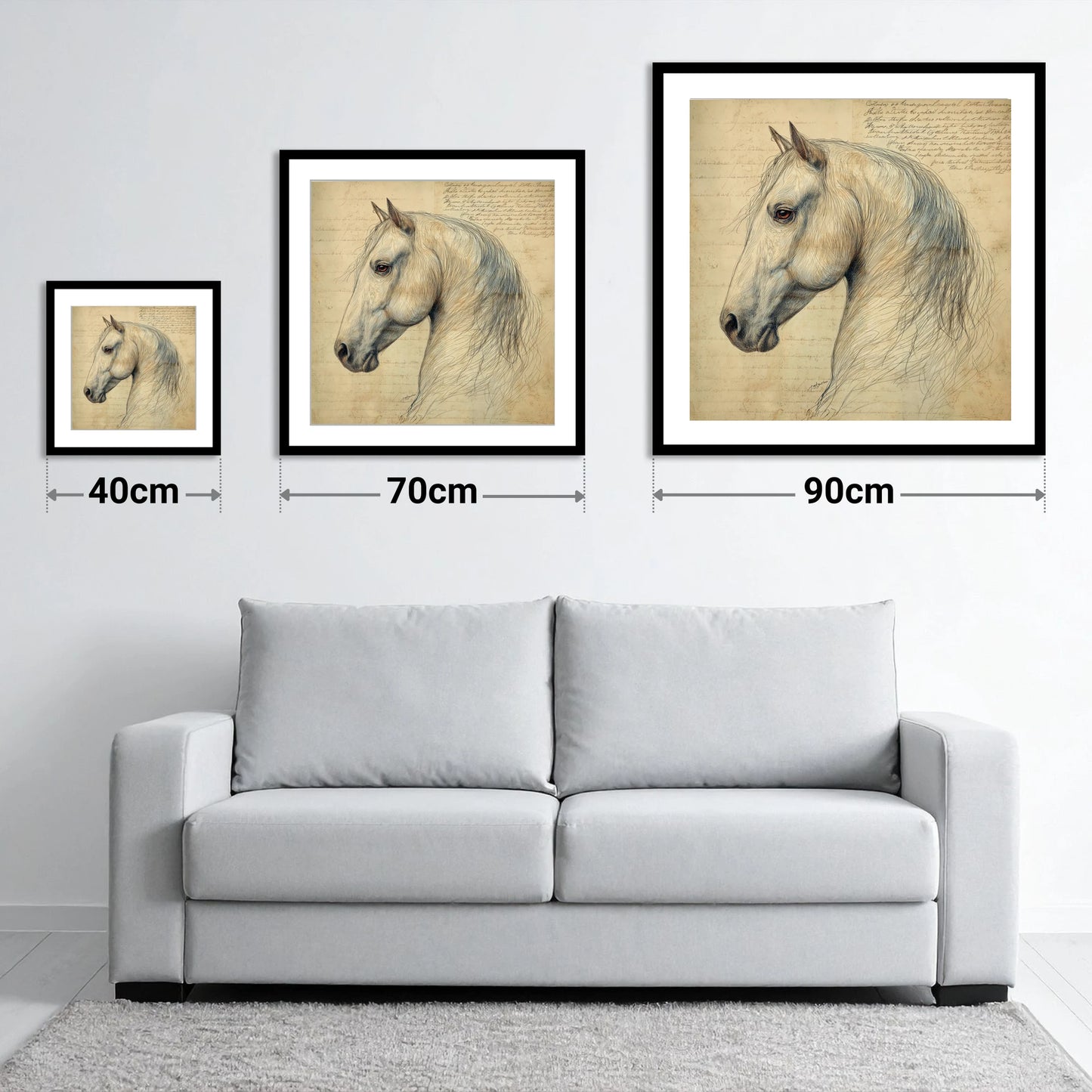Classical Equine Study - size guide showing 40cm, 70cm and 90cm art prints