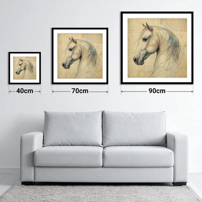Classical Equine Study - size guide showing 40cm, 70cm and 90cm art prints