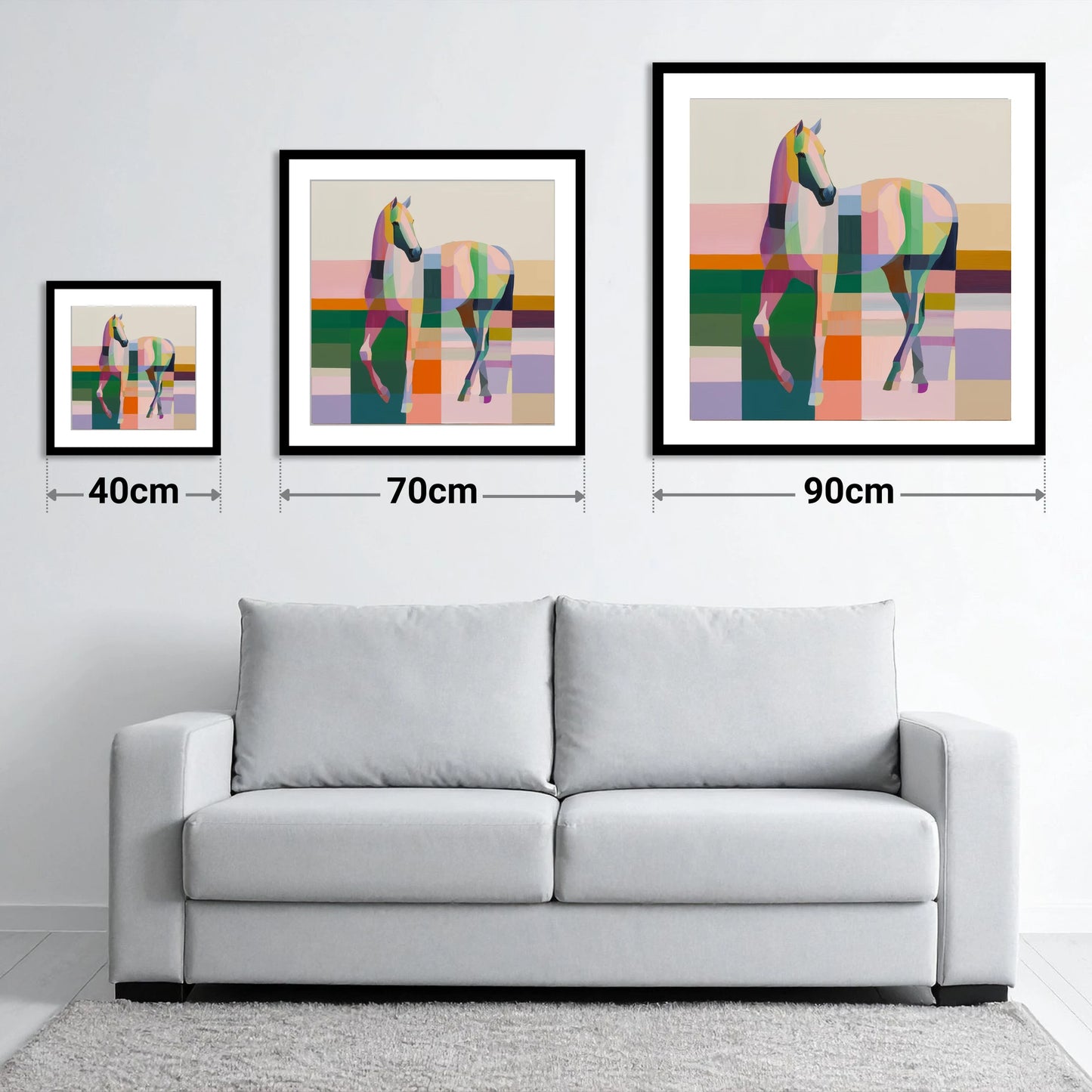Structured Equine Elegance - size guide showing 40cm, 70cm and 90cm art prints