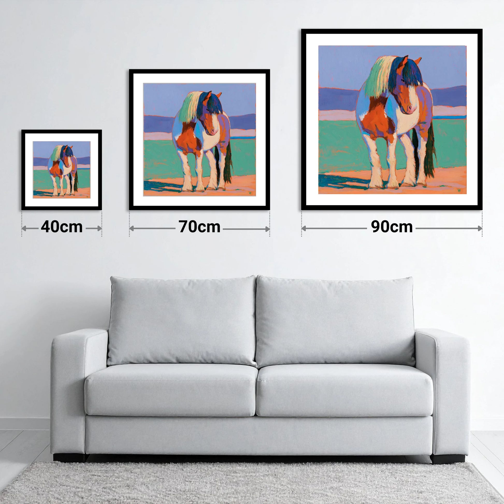 Vibrant Coloured Cob Portrait - size guide showing 40cm, 70cm and 90cm art prints