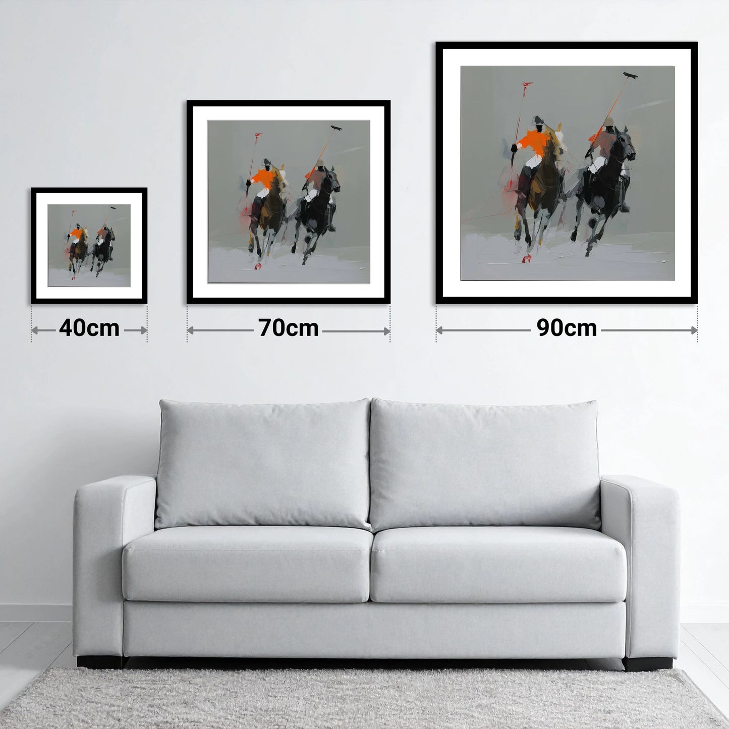 The Breakaway - size guide showing 40cm, 70cm and 90cm art prints