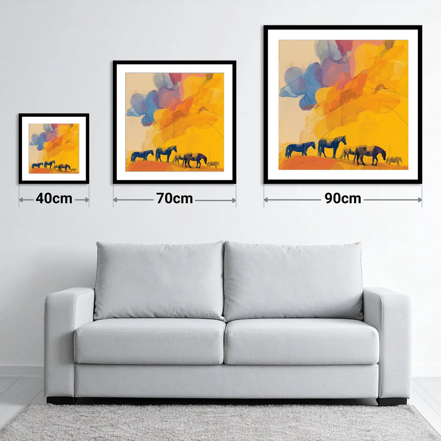 Golden Horizon Herd - size guide showing 40cm, 70cm and 90cm art prints