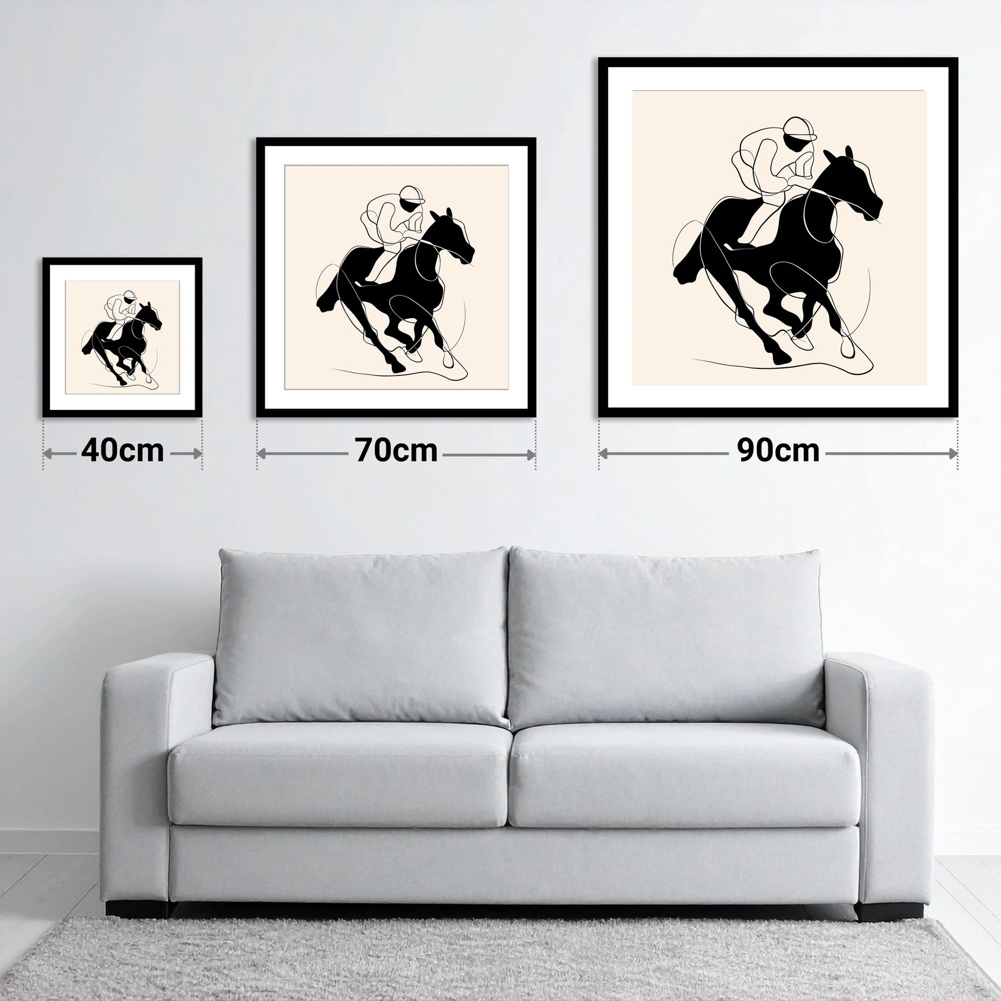 Monochrome Gallop - size guide showing 40cm, 70cm and 90cm art prints