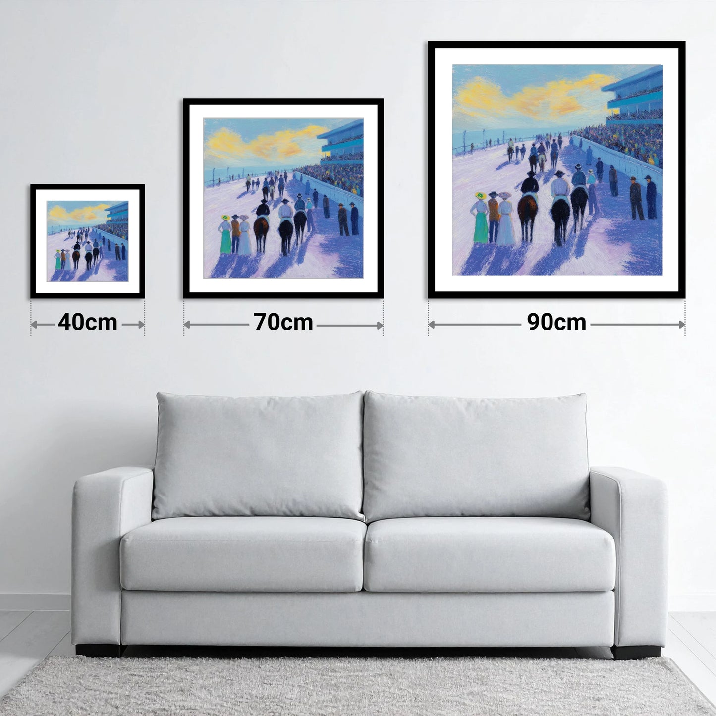 Parade Before the Post - size guide showing 40cm, 70cm and 90cm art prints