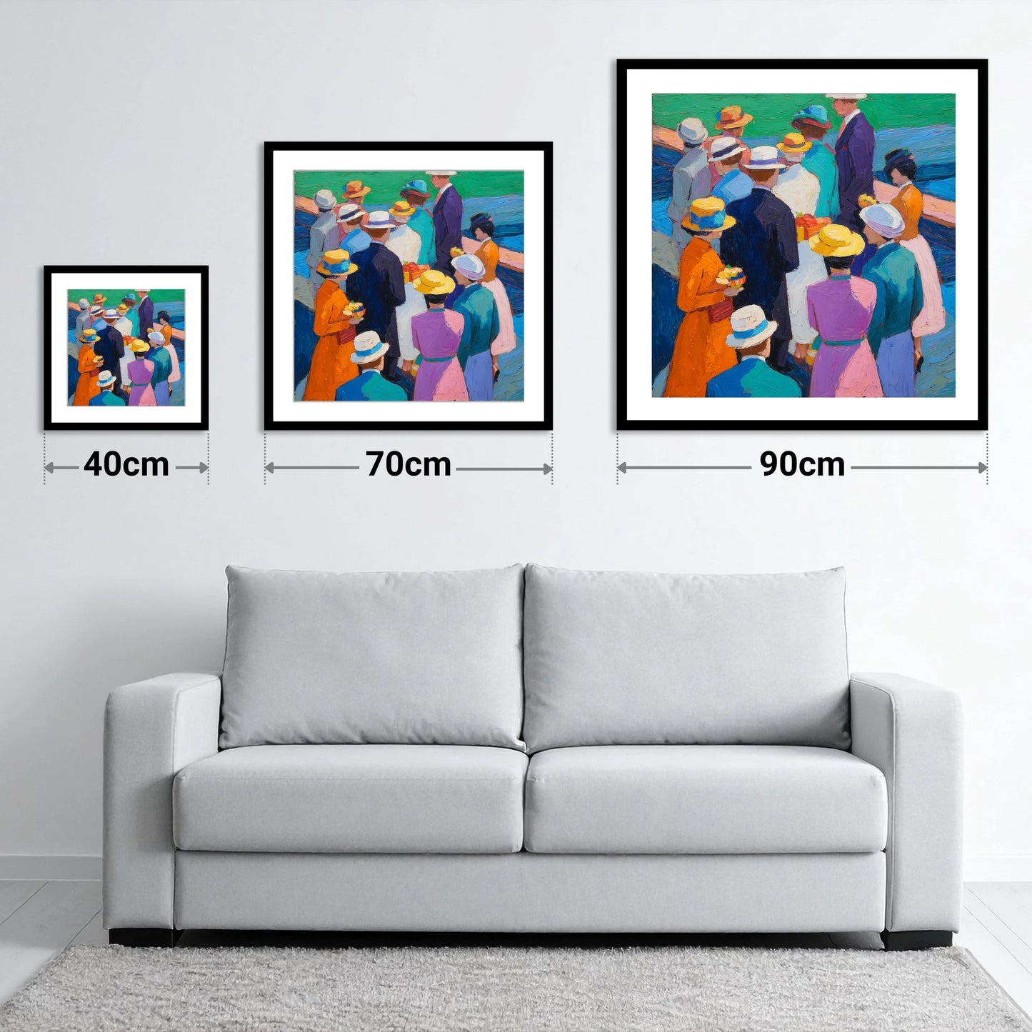 Colours of the Enclosure - size guide showing 40cm, 70cm and 90cm art prints