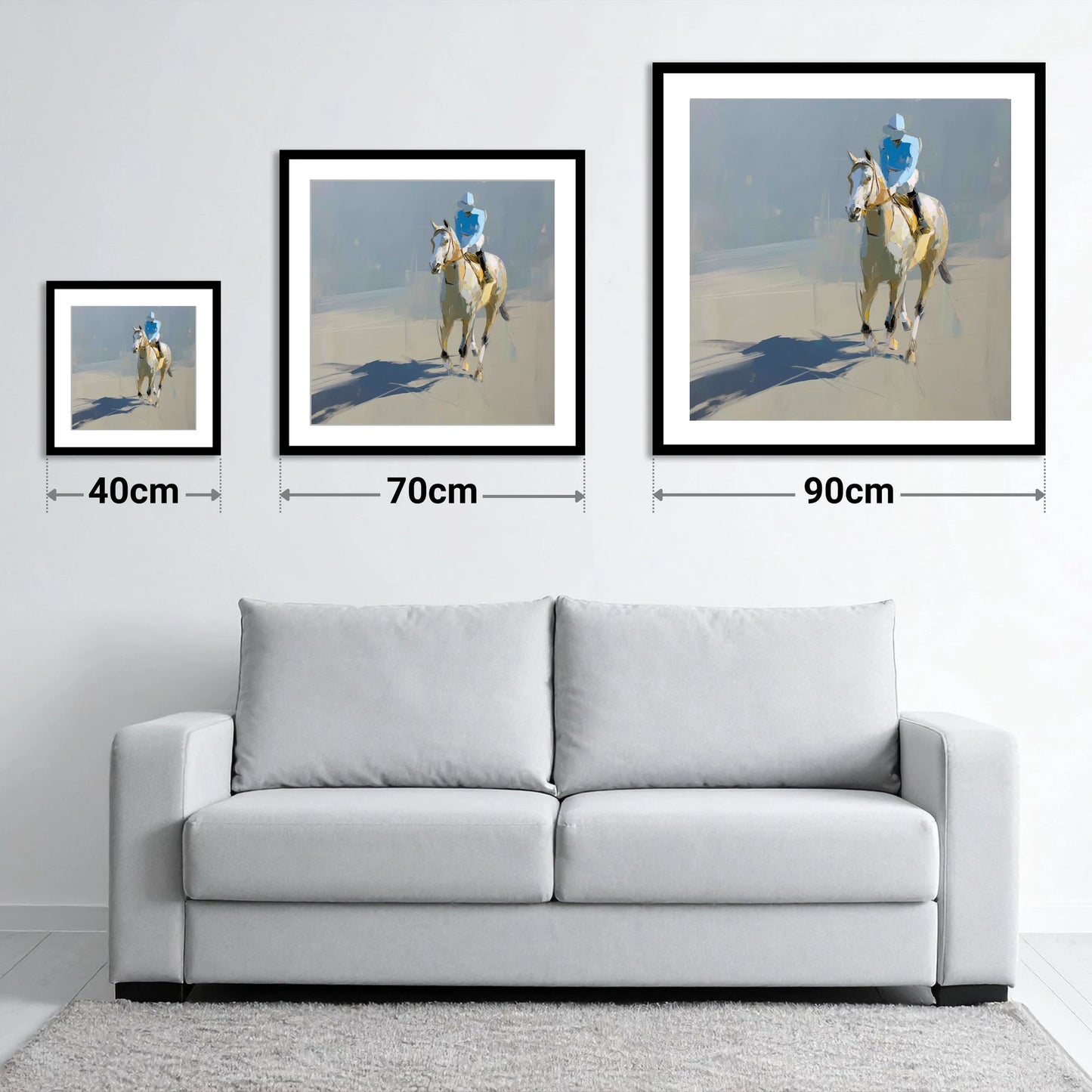 Sunlit Racing Grey - size guide showing 40cm, 70cm and 90cm art prints