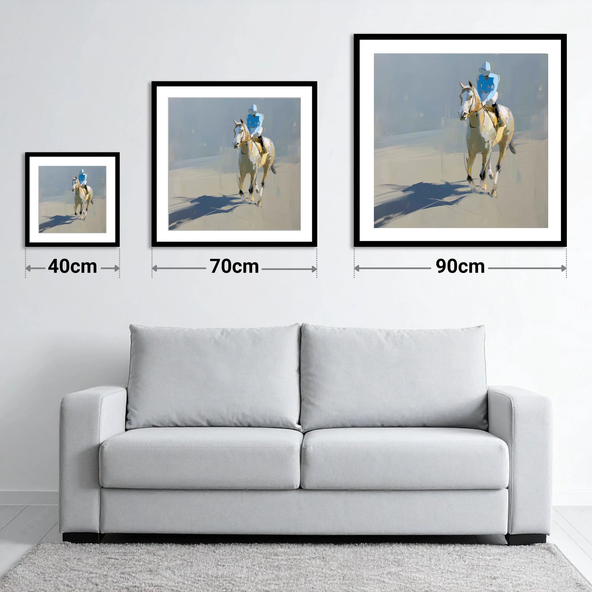 Sunlit Racing Grey - size guide showing 40cm, 70cm and 90cm art prints