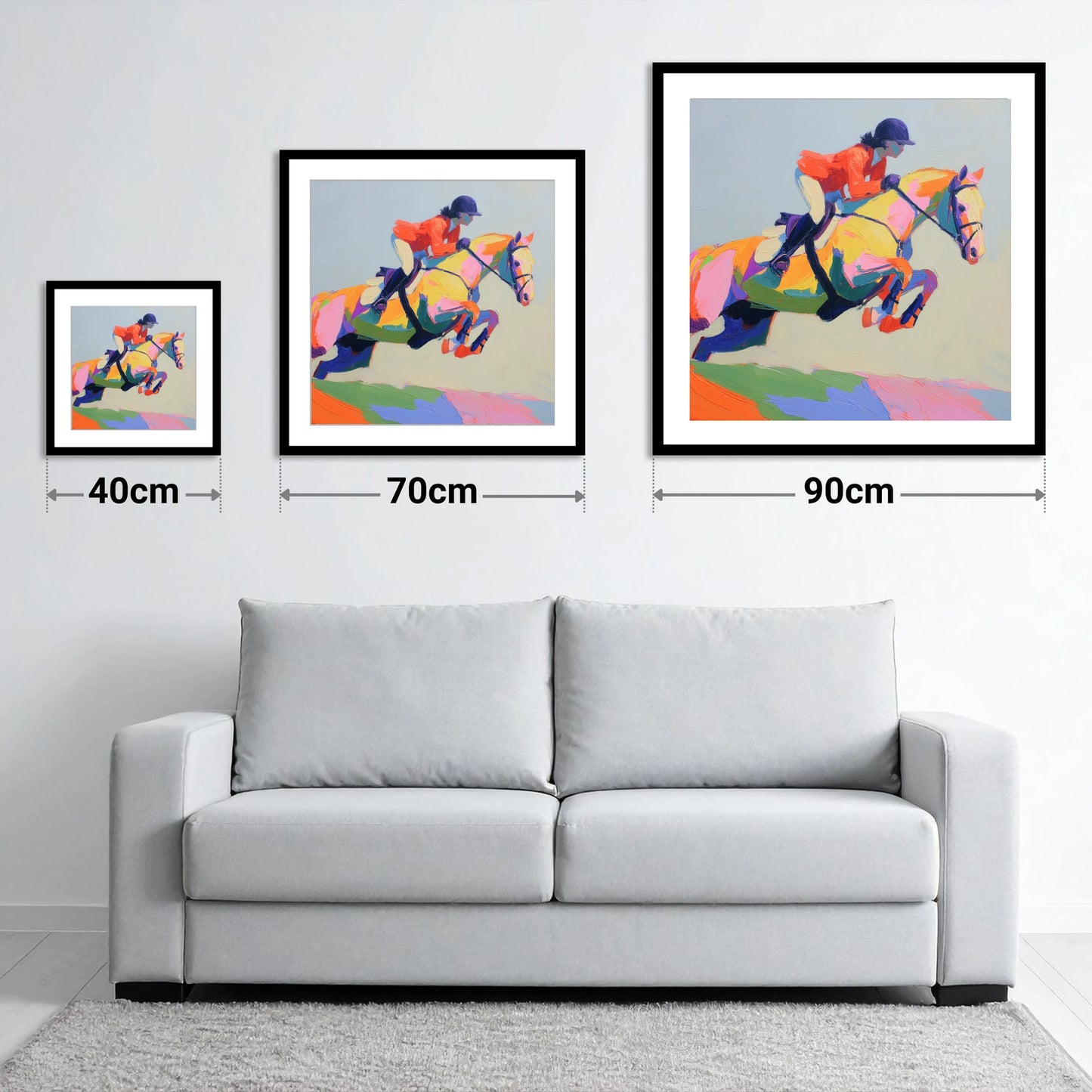 Chromatic Showjumper - size guide showing 40cm, 70cm and 90cm art prints