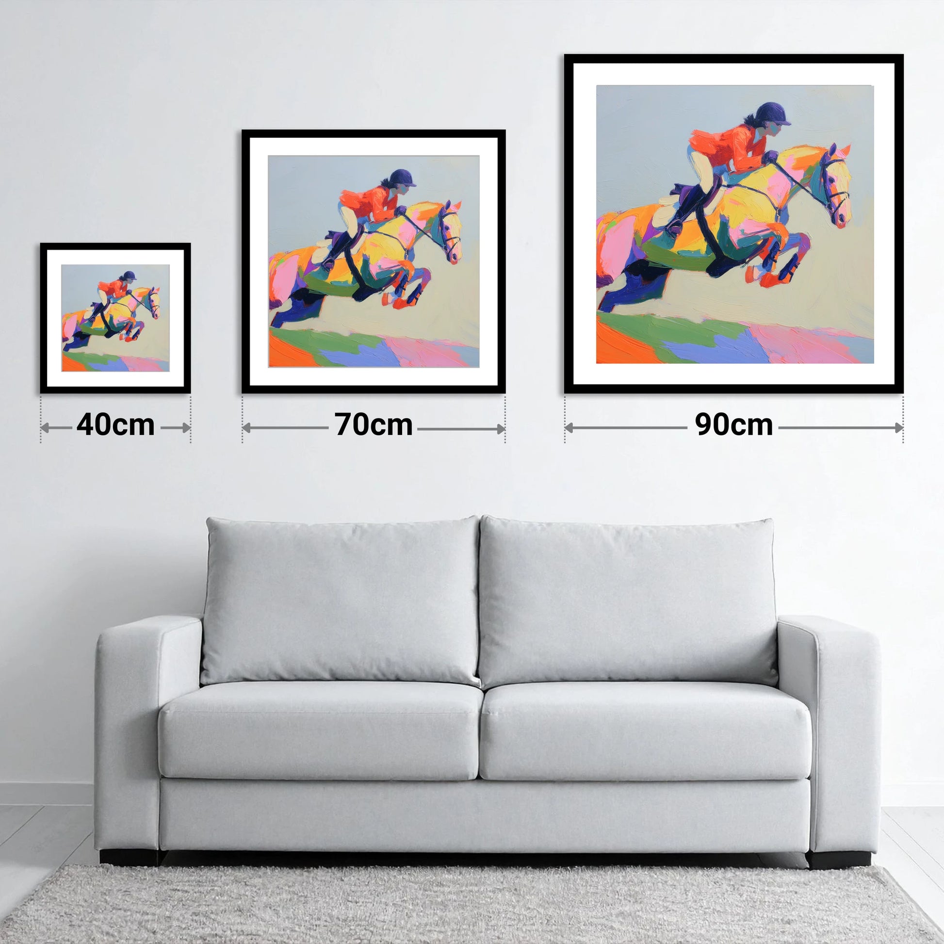 Chromatic Showjumper - size guide showing 40cm, 70cm and 90cm art prints