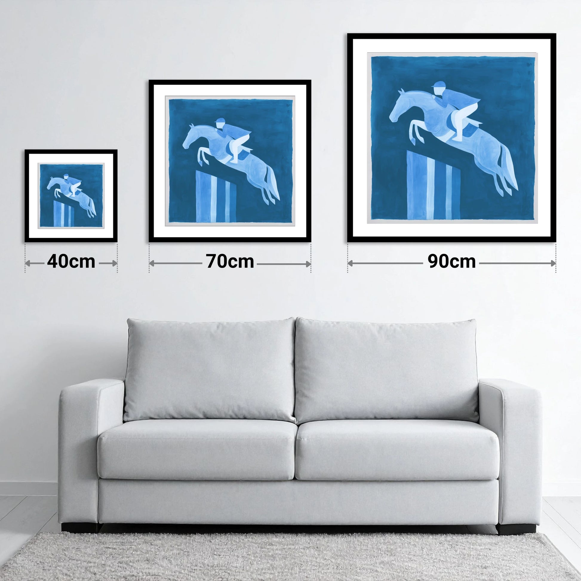 Azure Ascent - size guide showing 40cm, 70cm and 90cm art prints