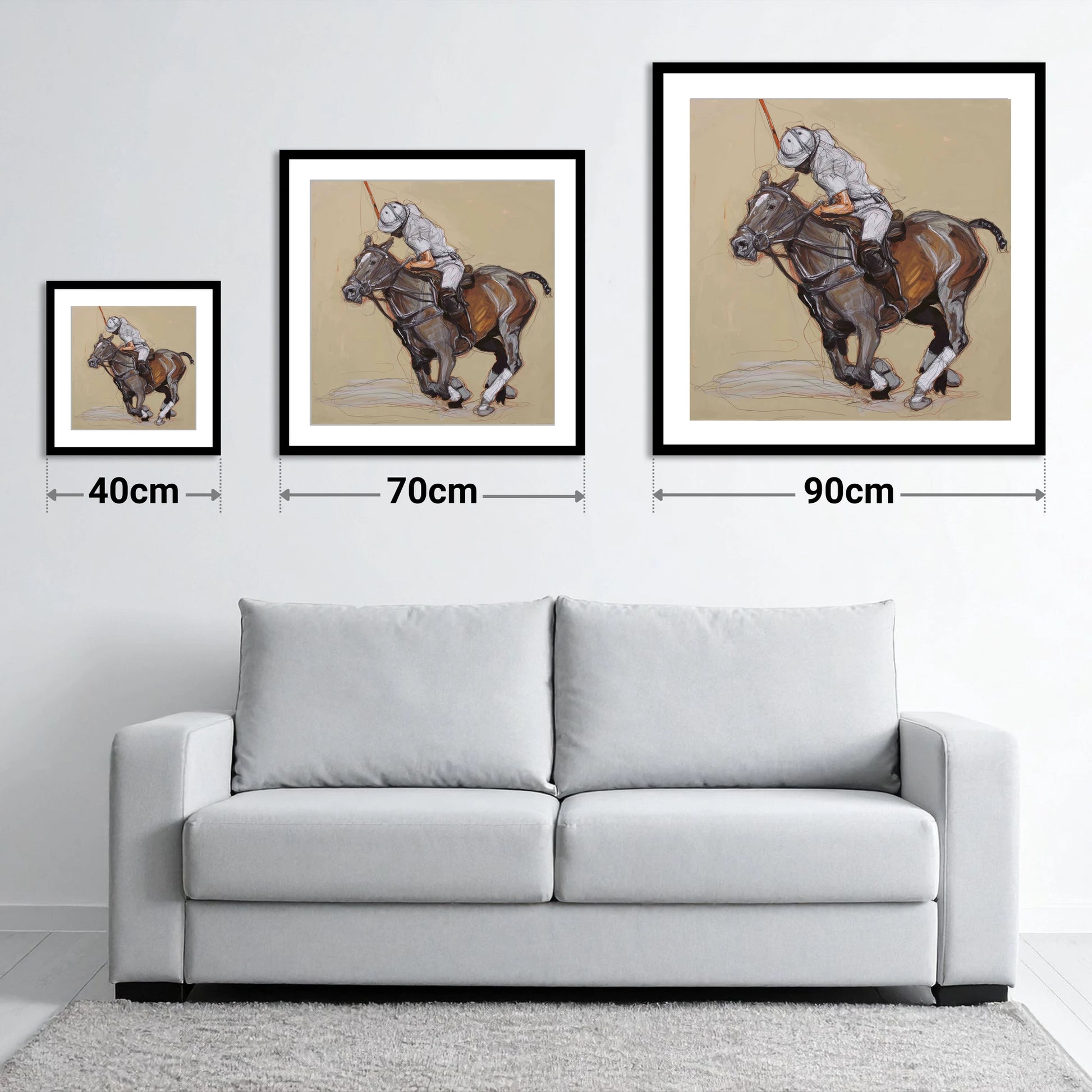 Momentum on the Field - size guide showing 40cm, 70cm and 90cm art prints