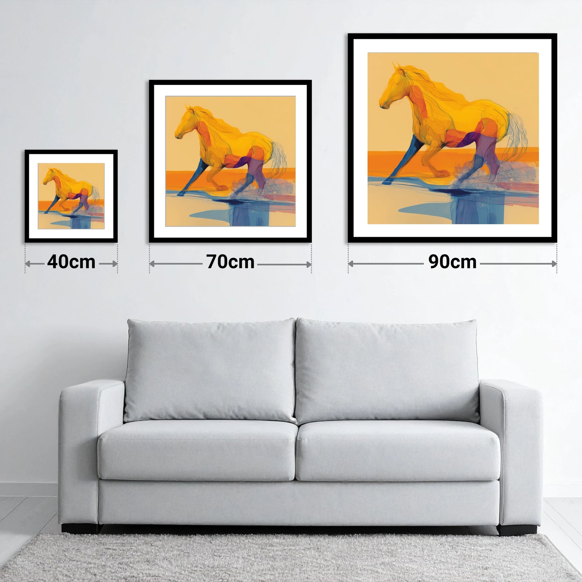 Vibrant Coastal Canter - size guide showing 40cm, 70cm and 90cm art prints