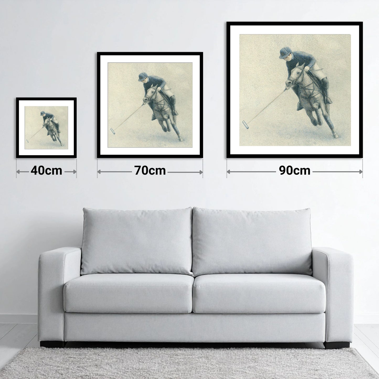 The Polo Stroke - size guide showing 40cm, 70cm and 90cm art prints