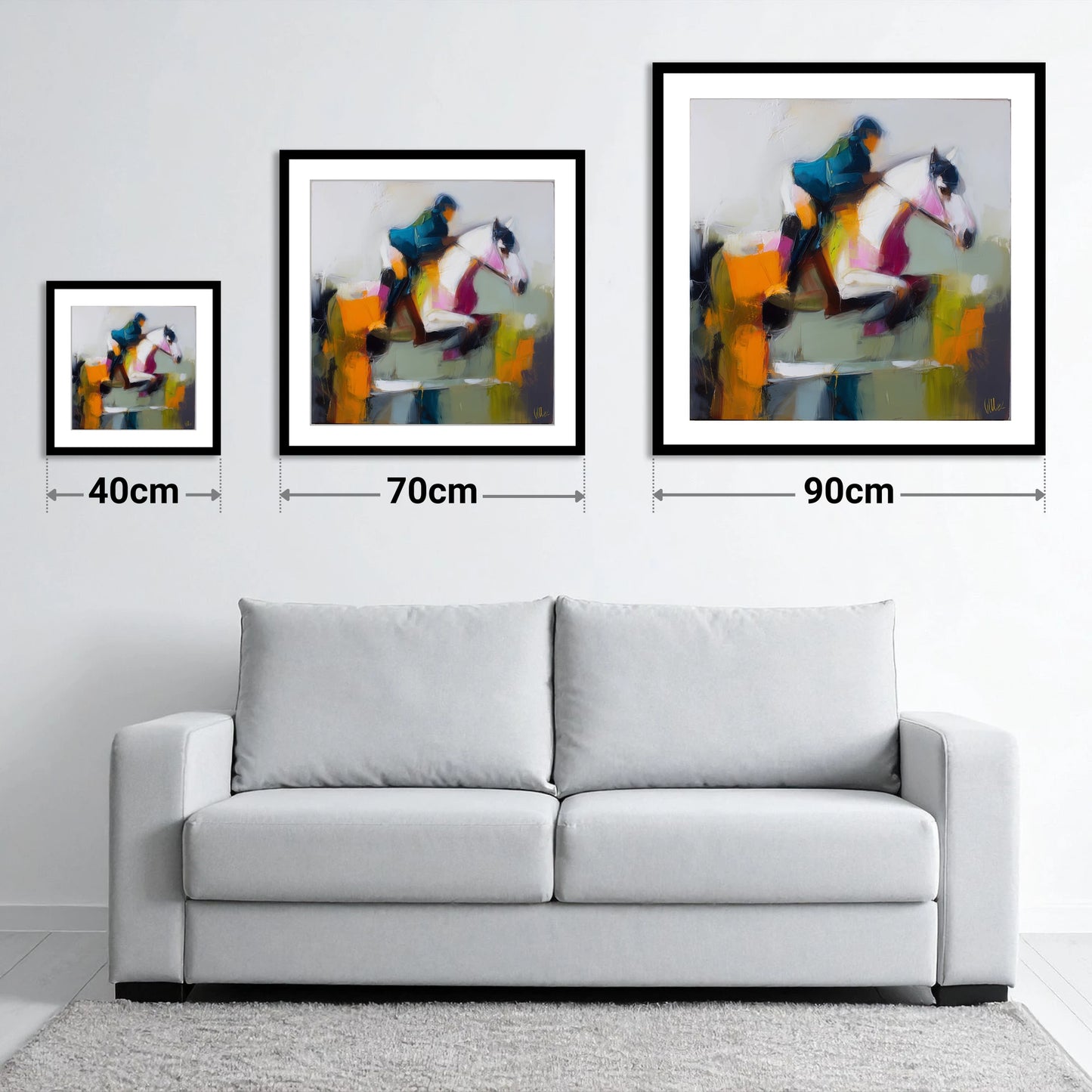 Vivid Flight - size guide showing 40cm, 70cm and 90cm art prints