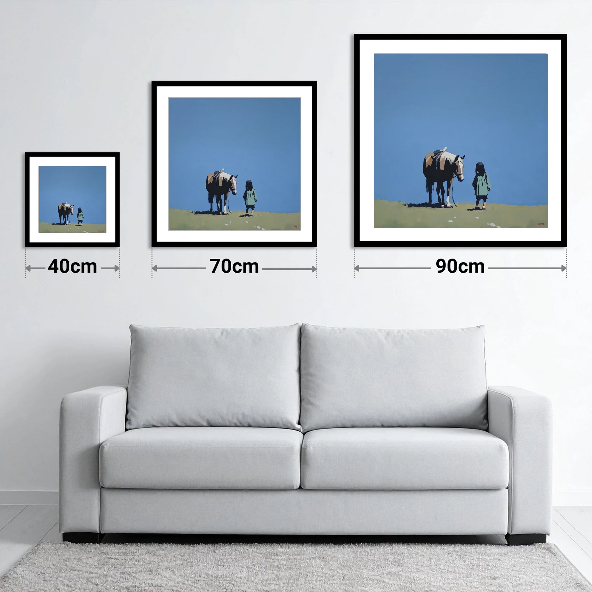 A Quiet Understanding - size guide showing 40cm, 70cm and 90cm art prints