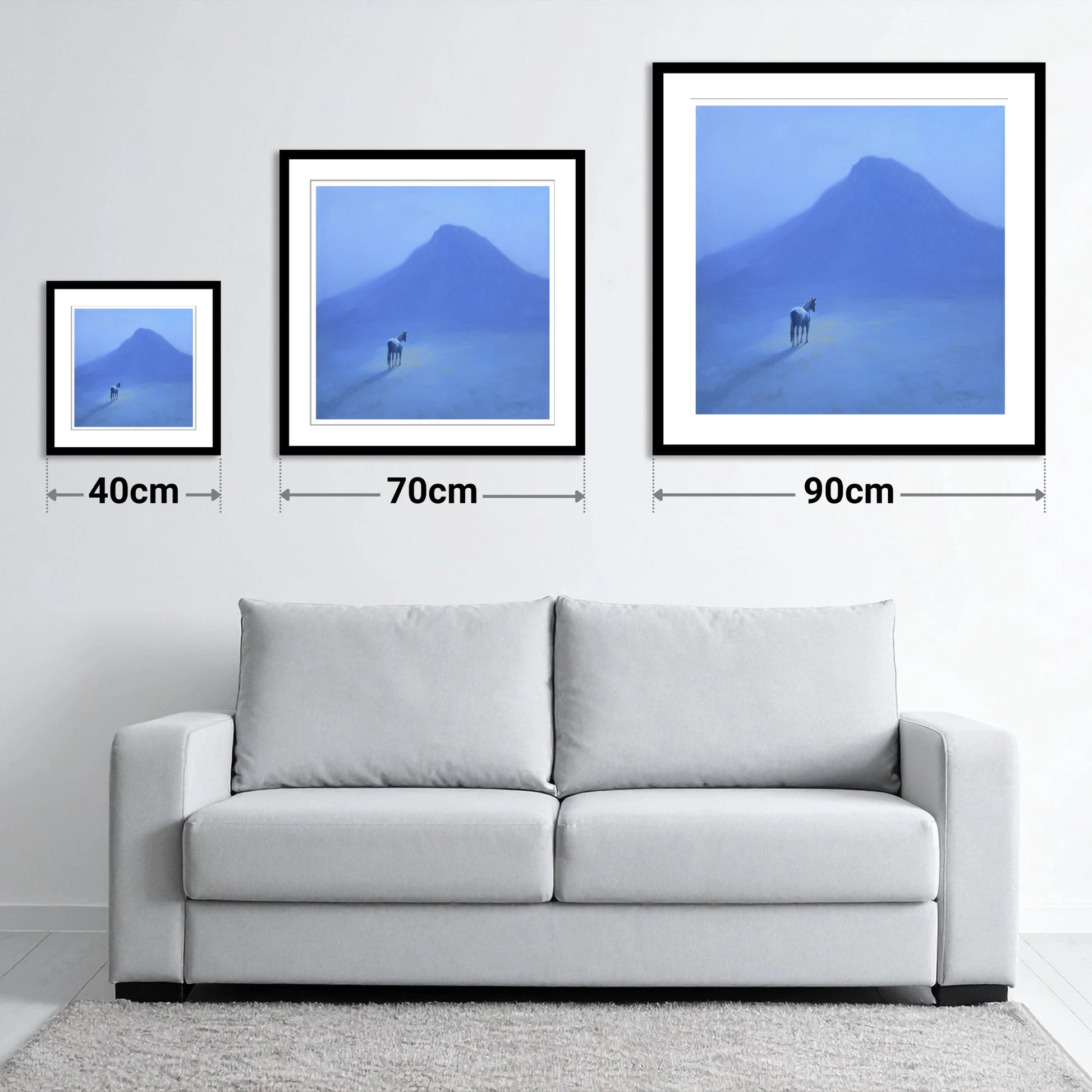 The Silent Peak - size guide showing 40cm, 70cm and 90cm art prints