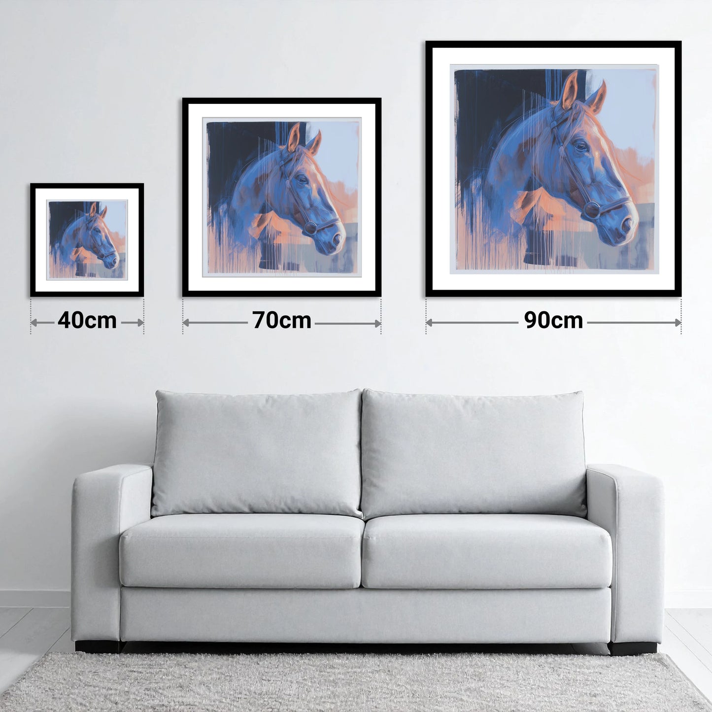Cobalt and Apricot Light - size guide showing 40cm, 70cm and 90cm art prints