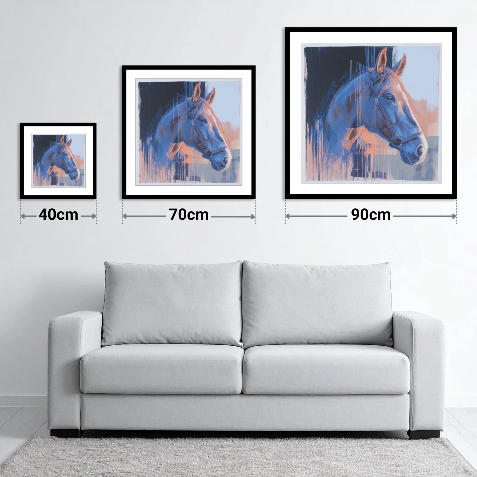 Cobalt and Apricot Light - size guide showing 40cm, 70cm and 90cm art prints