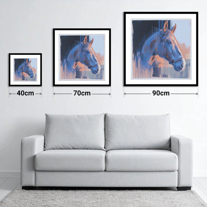 Cobalt and Apricot Light - size guide showing 40cm, 70cm and 90cm art prints