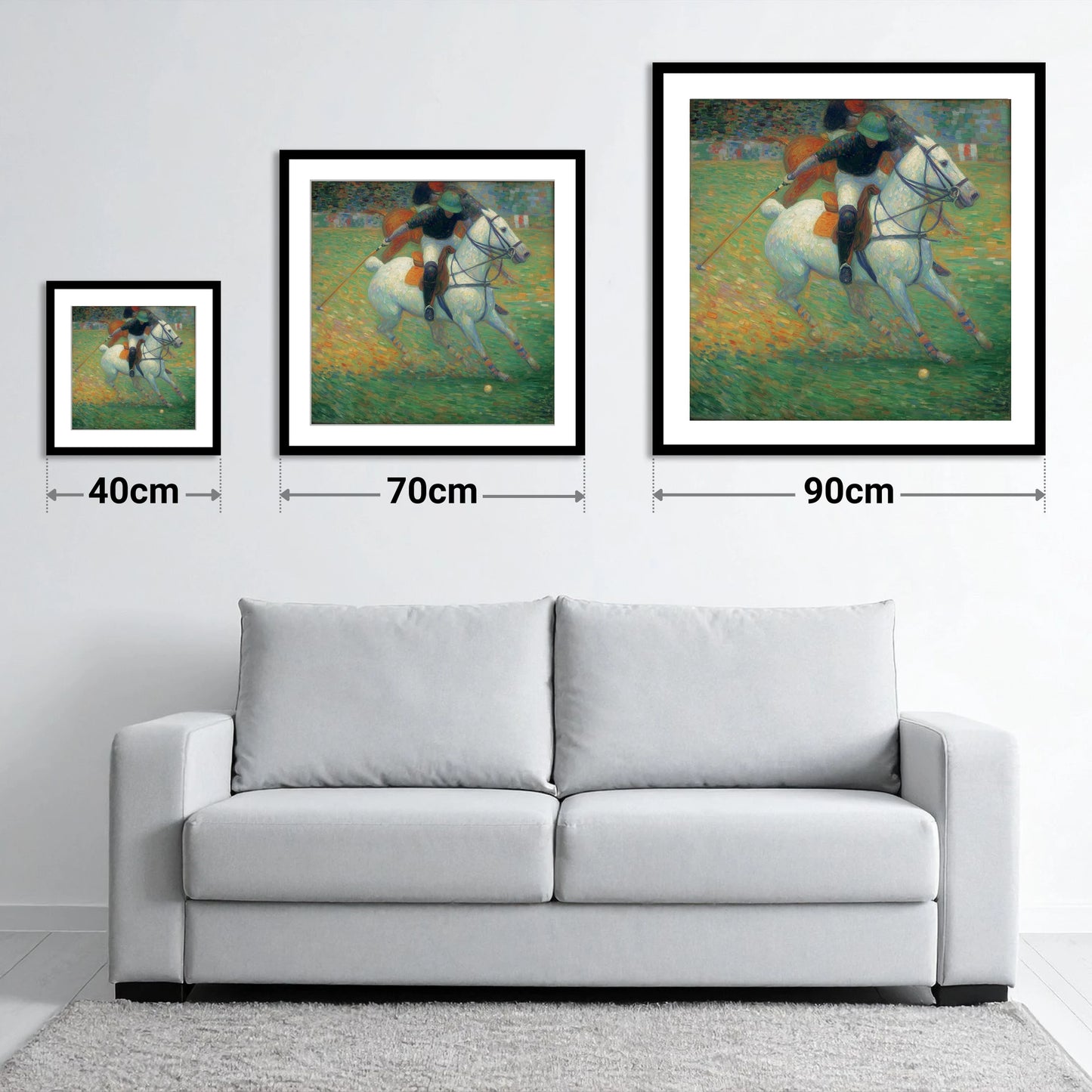 Luminous Polo Charge - size guide showing 40cm, 70cm and 90cm art prints