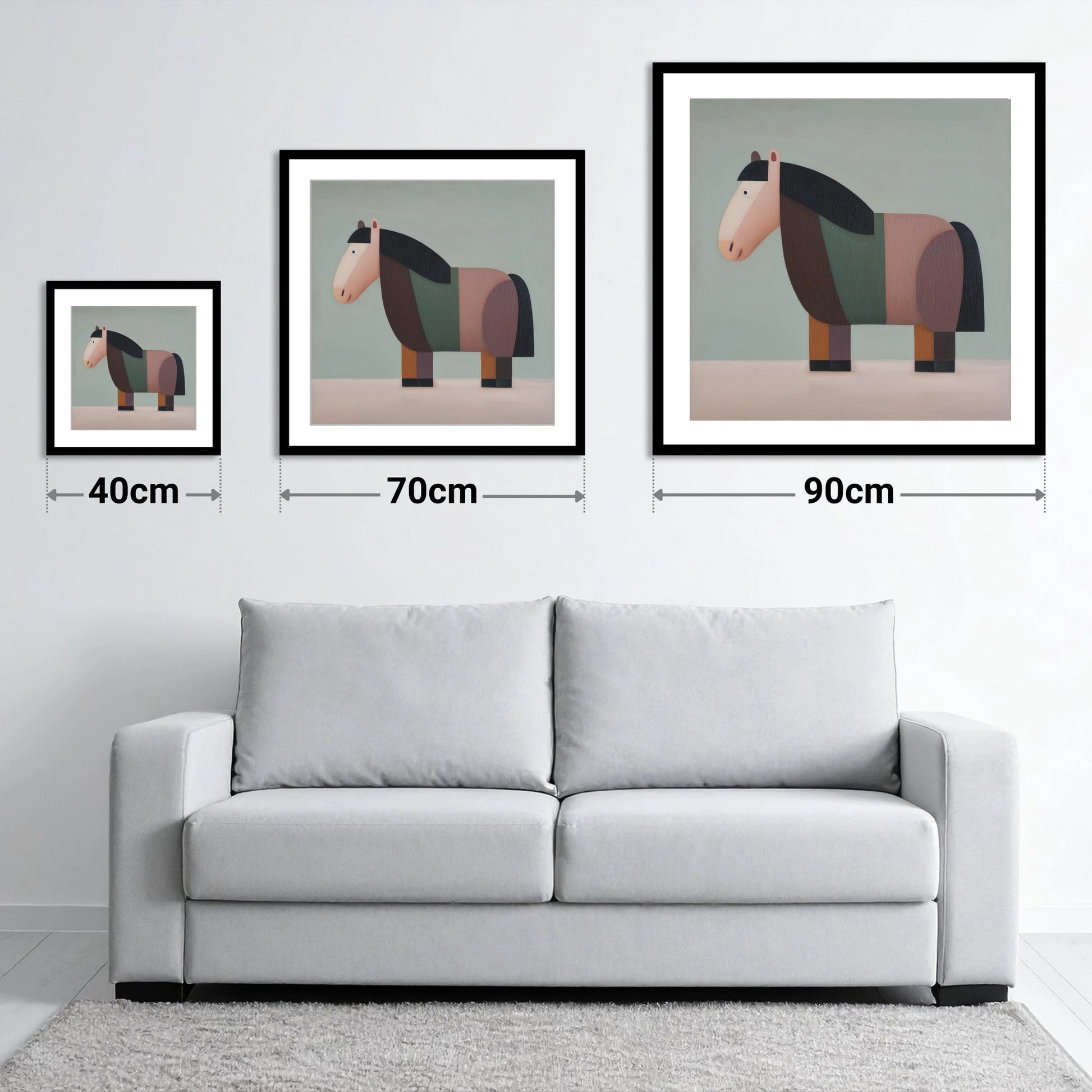 The Geometric Cob - size guide showing 40cm, 70cm and 90cm art prints