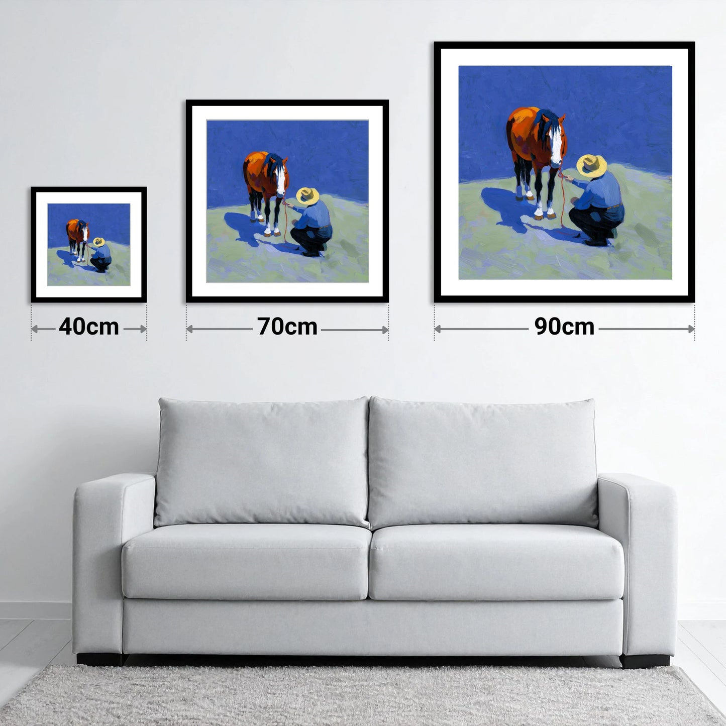 Sunlit Western Bond - size guide showing 40cm, 70cm and 90cm art prints
